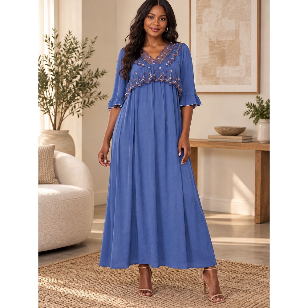 100% Viscose Blue Embroidered Mesh Ruffle Boho Midi Dress, Size L